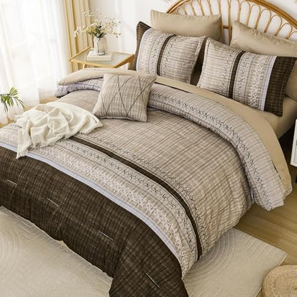 Dintszyayue Brown Comforter Set Full Size, 8 Pieces Boho Striped Bed in a Bag Soft Microfiber Bedding Set for All Season
