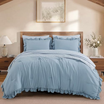 BLOOMHAVEN Full Size Comforter Sets-7 Pieces Ruffle Bedding Floral Sheet