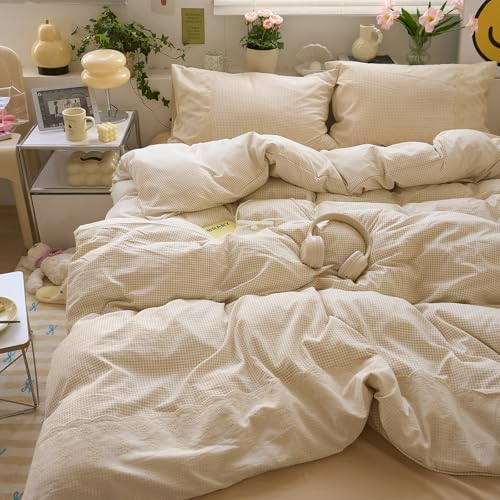 LifeTB Tan Gingham Comforter Set Queen Princess Lace Style Beige Taupe Plaid Comforter Set Soft Fluffy Grid Farmhouse Gingham Bedding Set Vintage Plaid Checkered Comforter with 2 Pillowcases
