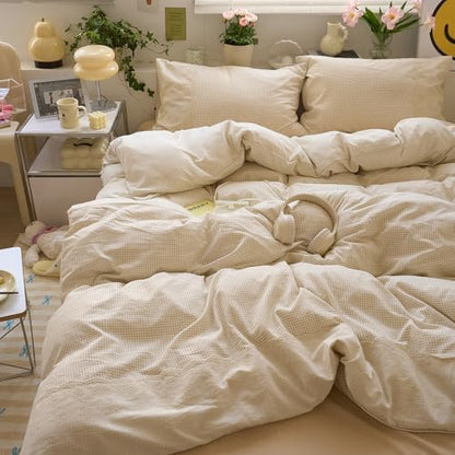 LifeTB Tan Gingham Comforter Set Queen Princess Lace Style Beige Taupe Plaid Comforter Set Soft Fluffy Grid Farmhouse Gingham Bedding Set Vintage Plaid Checkered Comforter with 2 Pillowcases
