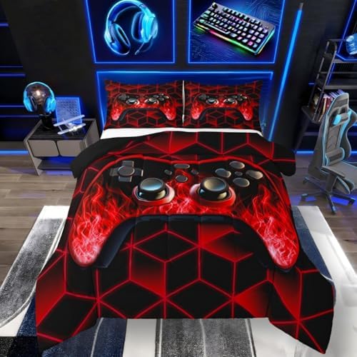 Red Kids Bedding Sets for Gamer Boys, Neon Geometric Twin Comforter Set, 3D Geometric Kids Twin Bedding Set with Flame Game Consoles Gamer Decor