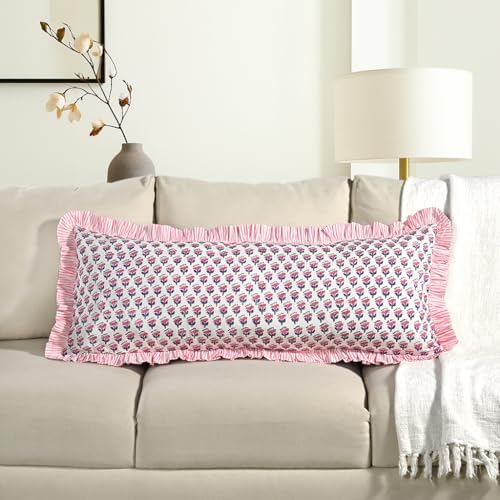 CPC Block Print Pink Sapphire Ruffle Cotton Lumbar Pillow Cover 14x36 inch