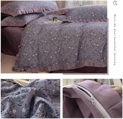 VM VOUGEMARKET Purple Ruffle Duvet Cover Twin,Cute Daisy Flower Bedding Set with Zipper Ties 100% Cotton Romantic Lace Comforter Cover for Teen Girls