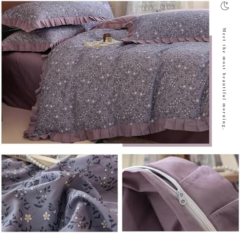 VM VOUGEMARKET White Daisy Flower Duvet Cover Set Queen 100% Cotton Purple Ruffle Comforter Cover 3 Pcs Romantic Princess Bedding Duvet Cover with Zipper Ties 2 Pillow Shams
