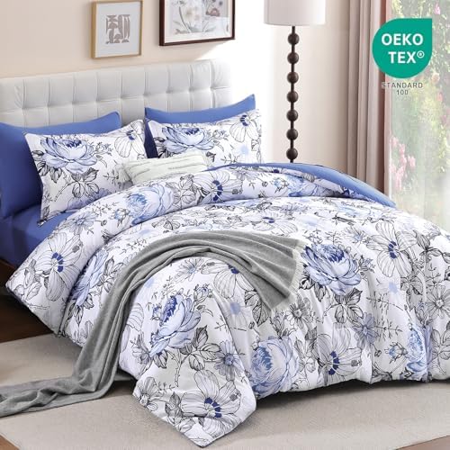 Luxudecor Queen Floral Comforter Set-7 Pieces Blue Bed in a Bag,Blue Flower Print on White Bedding Set,Soft Microfiber Comforter with Sheets for All Seasons (Blue,90"x90")