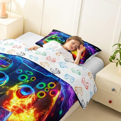 Erosebridal 3D Modern Gamer Comforter Set Gamer Controller Girl Toddler Bedding Set for Tween Boys Girls Geometric Neon Gaming Comforter Video Game Consoles Quilt,Boys Room Decor