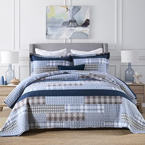 Finlonte Quilt King Size 100% Cotton King Size Quilts Blue Beige White Bedspreads Plaid Quilts Lightweight Soft Breathable Bedding Sets for All Season, 3 Piece