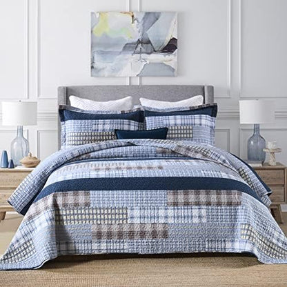Finlonte Quilt King Size 100% Cotton King Size Quilts Blue Beige White Bedspreads Plaid Quilts Lightweight Soft Breathable Bedding Sets for All Season, 3 Piece