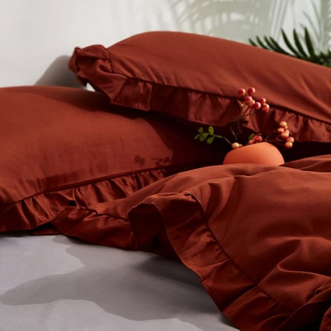CLOTHKNOW Burnt Orange King Size Comforter Set Ruffle Bedding Comforter Sets Shabby Chic Vintage Rustic Comforter with 2 x Pillow Cases