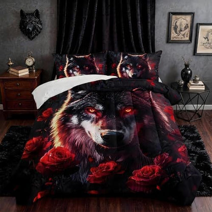 HOSIMA Floral Wolf Queen Comforter for Boys Room Decor with 2 Pillowcases.