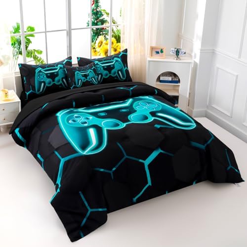 Gamer Queen Comforter Set with Sheets 6Pcs Teal Gaming Boys Bedding Set Lake Blue 3D Game Console Bed in A Bag Gamepad Print Honeycomb Bedding Collection for Bedroom (Teal, Queen)