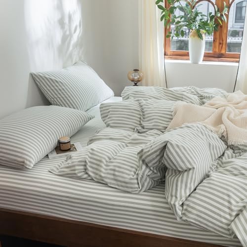 FOSSA Striped Duvet Cover Set 100% Washed Cotton Linen Feel Oversized Queen