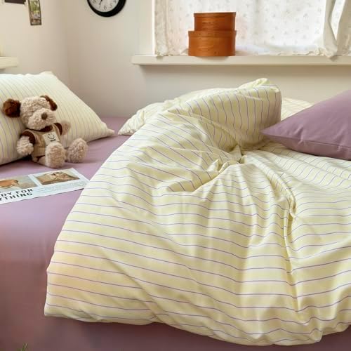 mixinni Pastel Yellow Lavender Striped Queen Duvet Cover Set, Soft Premium Washed Microfiber Aesthetic Stripes Comforter Cover with Hidden Zipper & Corner Ties, 3 Piece Sweet Teen Bedding for Girls