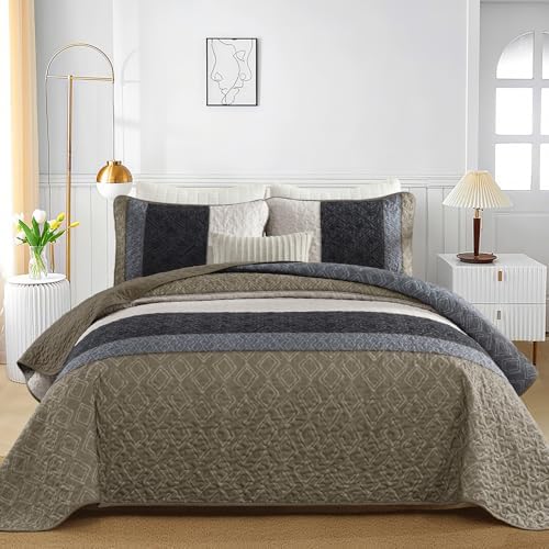 Cottolester Boho Quilt Set Queen,Black Taupe Striped Plaid Coverlet Set