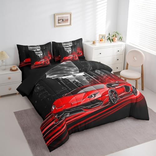 Feelyou Red Race Car Comforter Set with Sheets Twin Size Kids Speed Sports Car 7 Pieces Bedding Set for Boys Girls Teens Racing Car Bed in a Bag Extreme Sports Street Bed Set Gothic Modern City