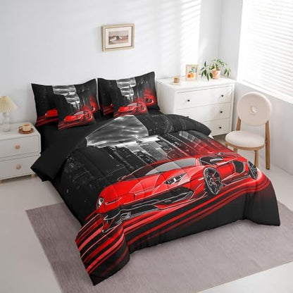 Feelyou Red Race Car Comforter Set with Sheets Twin Size Kids Speed Sports Car 7 Pieces Bedding Set for Boys Girls Teens Racing Car Bed in a Bag Extreme Sports Street Bed Set Gothic Modern City