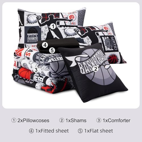 Aimuan Basketball Bedding Set for Boys Kids Teens, Soft Black and Red Sports Geometric Grid Patchwork Theme Basketball Bedding Sets Queen Size, Black