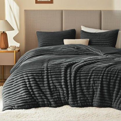 EXQ Home Fluffy Comforter Set King Size,3 Pieces Bed Set,Dark Grey