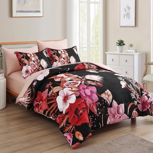 Luxudecor Floral Comforter Set Queen Size 7 Piece, Red Flower Bed in a Bag, Elegant Comforter Bedding Set for All Season (Red, 90"x90")