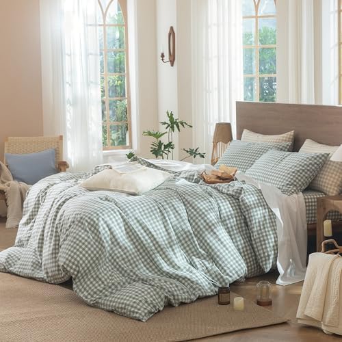 MooMee Gingham Duvet Cover Set 100% Washed Cotton Linen Like