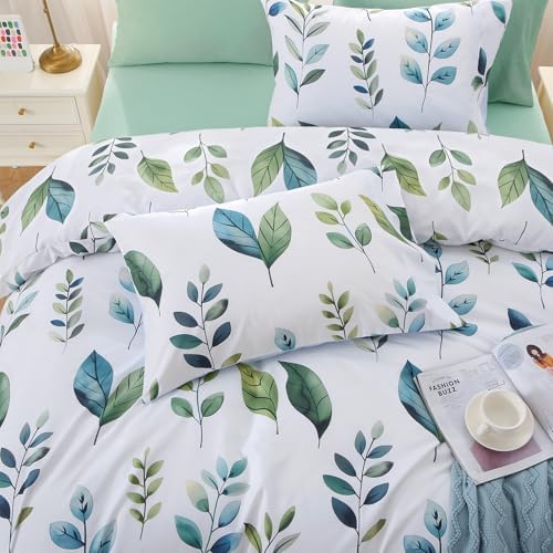 MUXHOMO Grey Green Foliage Bed in a Bag King 7 Pieces, King Comforter Set Reversible Botanical Flowers Design, Ultra Soft & Breathable Bedding Sets with Comforter, Sheets, Pillowcases & Shams