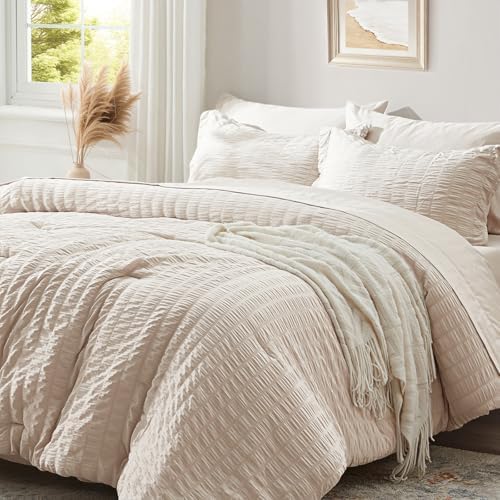 Zzlpp King Size Comforter Set 7 Piece, Beige Bed in a Bag King Bedding Sets