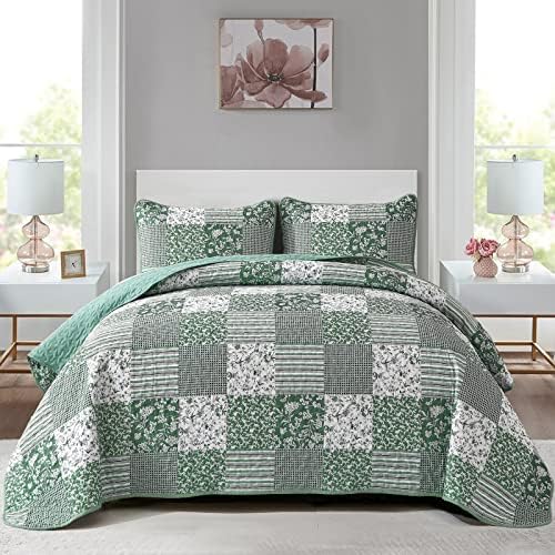Mybedsoul Boho Quilts Queen Size, Patchwork Reversible Bedding Set, Green