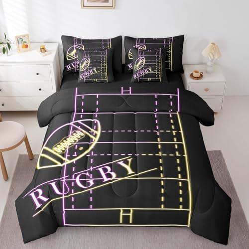 Erosebridal Football Bedding Comforter Sets 7pcs Sport Bed in a Bag for Boys Room, Rainbow Neon Light Queen Bedding Sets Gradient Soccer Field Comforter Set, Ball Gaming Bedding Sets & Collections