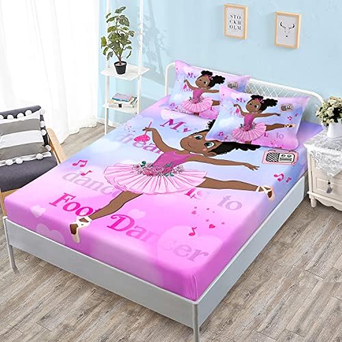 HOSIMA African American Black Girl Queen Fitted Sheet with 2 Pillowcases.