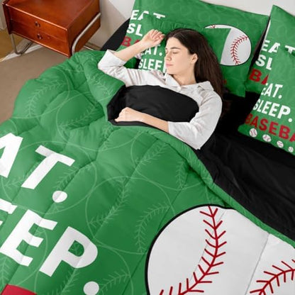 Erosebridal Games Kids Baseball Green Comforter Set Queen Size 7 Pieces | White Red Gaming Bed in A Bag Softball Sports Bed Set Boys Girls Teens Bedding