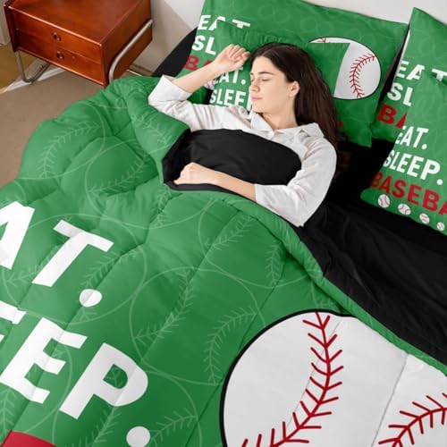 Erosebridal Games Kids Baseball Green King 7-Piece Comforter Set | White Red Gaming Sheets and Pillowcases Softball Sports Bed in A Bag Boys Girls Teens Bed Sets