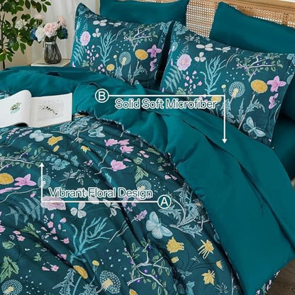 Full Size Comforter Set, Teal Blue Floral Bedding Comforter Set 7 Piece