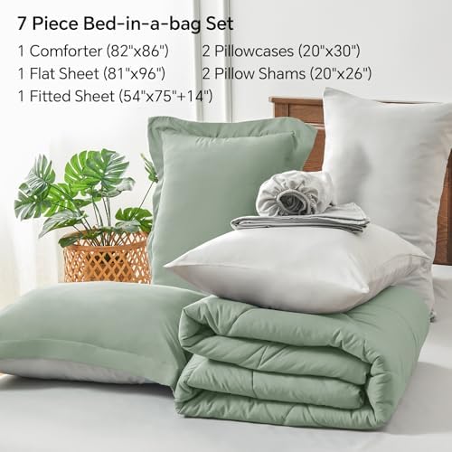 BEDELITE Full Comforter Set 7 Pieces, Reversible Sage Green Bed in A Bag