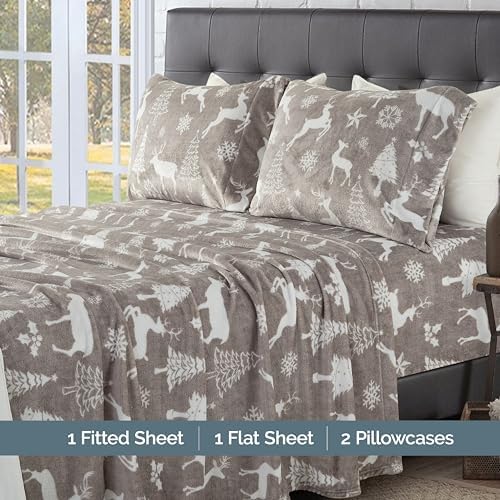 Elegant Comfort Luxuriously Soft 4-Piece Holiday Velvet Plush Flannel Sheet Set - Premium Quality - Cozy Warm, Christmas Fuzzy Velvet Flannel Fleece Deep Pocket Sheet Set - Cal King, Silver Reindeer