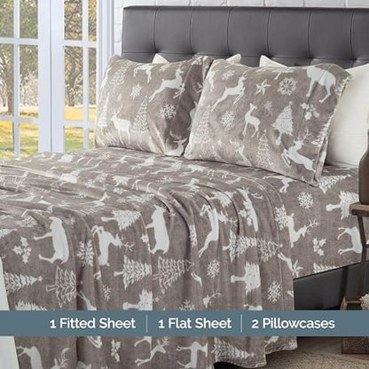 Elegant Comfort Luxuriously Soft 4-Piece Holiday Velvet Plush Flannel Sheet Set - Premium Quality - Cozy Warm, Christmas Fuzzy Velvet Flannel Fleece Deep Pocket Sheet Set - Twin, Silver Reindeer