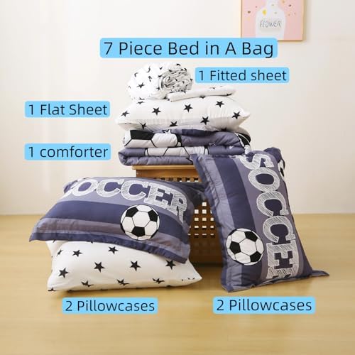 Boys Sports 7 Piece Soccer Comforter Set Twin Size 3D Football Playground Bedding Set for Kids Bed Set Gray(Comforter,Flat Sheet,Fitted Sheet and Pillow Sham)