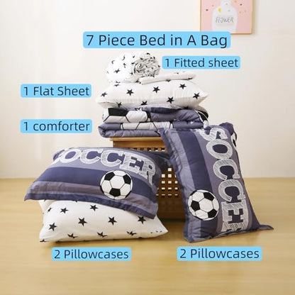 Boys Sports 7 Piece Soccer Comforter Set Twin Size 3D Football Playground Bedding Set for Kids Bed Set Gray(Comforter,Flat Sheet,Fitted Sheet and Pillow Sham)