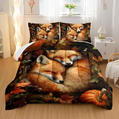 Nttopship Fox Comforter Set 3-Pieces Twin Size,Cute Foxes Bedding Set for Kids Boys Girls Cute Animal Comforter Wildlife Quilt Set 3D Animal Plants Leaves Printed ThemeComforter with 2 Pillowcases