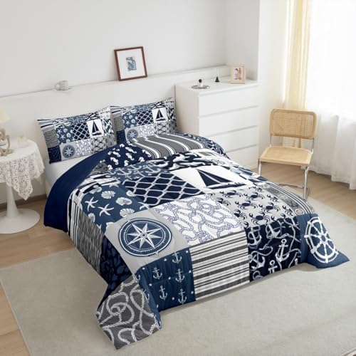 Castle Fairy Nautical Themed Checkered Bedding Comforter Twin Size Ocean Adventure Comforter Set for Kids Boys Teens,Navy Blue Rudder and Boat Anchor Quilted Duvet Patchwork Stripes Duvet Insert 2pcs