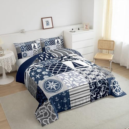 Castle Fairy Nautical Themed Checkered Bedding Comforter Twin Size Ocean Adventure Comforter Set for Kids Boys Teens,Navy Blue Rudder and Boat Anchor Quilted Duvet Patchwork Stripes Duvet Insert 2pcs