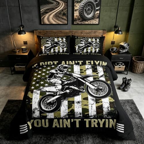 Feelyou Camo American Flag Motocross Bedding Set Soft Lightweight Dirt Bike Comforter Set King Vintage Print Duvet Quilt Extreme Sport Room Decor Motocross Themed 3 Pcs with 2 Pillow Cases