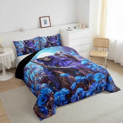 Skeleton Kids Comforter Set Twin Size,Skull Blue Poppy Flowers Moon Trippy Bedding Set,Girls Boys Room Decor,Happy Halloween Vintage Quilt Comforter,Gothic Romantic Duvet Insert,1 Pillowcase