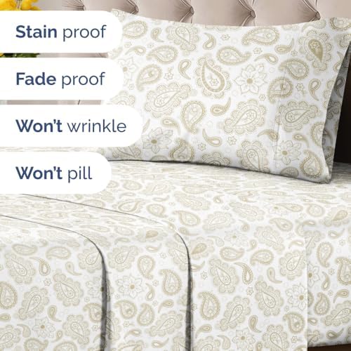 Twin XL 3 Piece Floral Sheet Set - Breathable & Cooling - Taupe Paisley