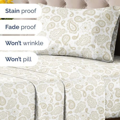 Twin XL 3 Piece Floral Sheet Set - Breathable & Cooling - Taupe Paisley