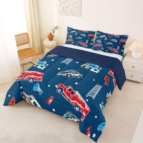 Feelyou Fire Truck Comforter Set King Size Police Car Bedding Set for Kids Boys Girls Ambulance Cartoon Car Duvet Quilt Bedroom Decor Microfiber 3 Pcs with 2 Pillow Cases