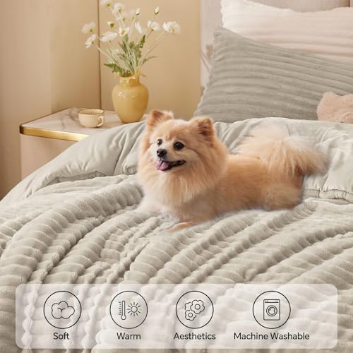 BEDELITE Fleece Oversized Queen Comforter Set, Fluffy Bed Set, Linen