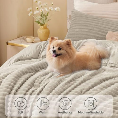 BEDELITE Fleece Oversized Queen Comforter Set, Fluffy Bed Set, Linen