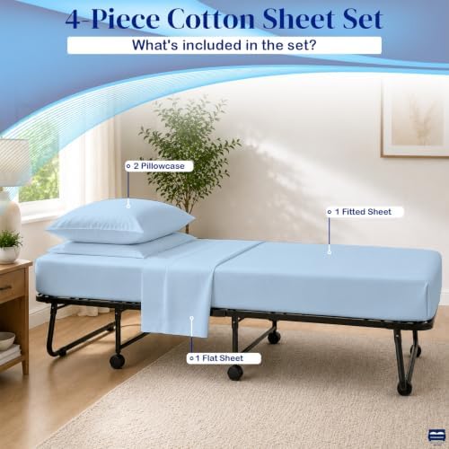 Cottingon 4 PC Cot Sheet Set 30"X75", Egyptian Cotton, Light Blue