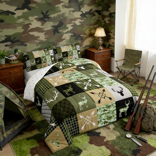 Feelyou Hunting Camo Bear Deer Comforter Set Queen for Kids Boys Bedding