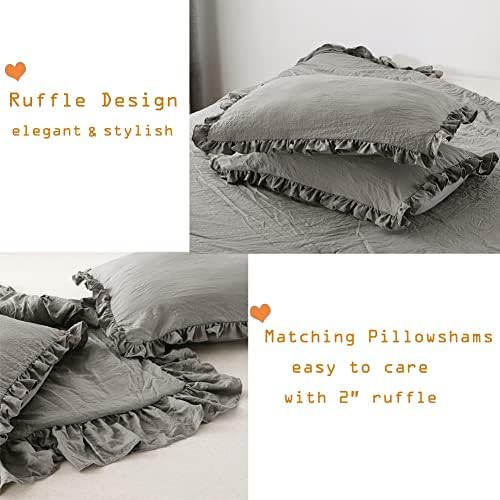 Masaca Grey Shabby Comforter Set Queen,Farmhouse Rustic Microfiber Bedding Ruffled Comforter Set,Vintage Gray Ruffle Comforter for Queen Bed Fluffy Aesthetic Bedding 3 Pieces